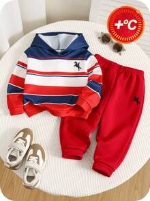 SHEIN 2pcs/Set Baby Boy/Girl Casual Cute Versatile Red & Blue Striped Hoodie Sweatshirt And Jogger Pants Tracksuit, Unisex Baby Clothes, Baby Winter Clothes - Multicolor - View 3