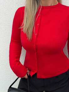 Jeta Ari Button Down Long Sleeve Sweater Spring Y2K 90's Casual Cute Airport Holiday Fall Back To School Autumn Winter Everyday Christmas Work Office - Red - View 3