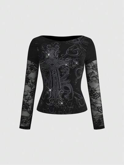 Grunge Punk Women's Y2K Grunge Cross Print Lace Patchwork Long Sleeve T-Shirt