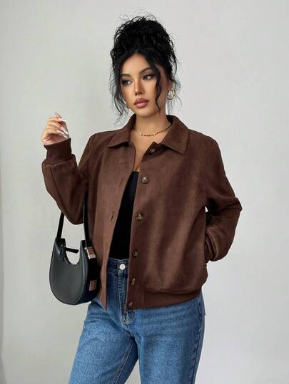 Franclia 女装秋冬新款优雅休闲复古通勤长袖休闲翻领修身纽扣设计绒面革夹克外套