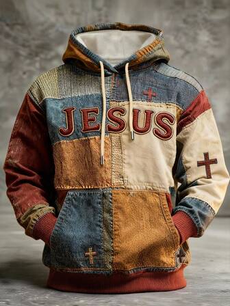 Manfinity Dauomo 男士艺术复古拼接印花连帽衫，色彩鲜艳，穿着舒适，耶稣十字架信仰图案长袖卫衣，适合日常穿着