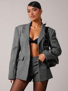 Radiana 女士复古时尚通勤棕色格纹羊毛套装，包含修身西装外套和低腰短裤（带垫肩），秋冬两件套 - 黑與白 - 查看 1