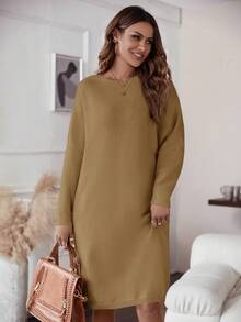SHEIN LUNE Solid Drop Shoulder Sweater Dress In Fall/Winter - Khaki - View 3