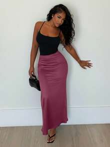 Alexandranx High Waist Solid Maxi Satin Skirt Burgundy Color Women Outfit - Burgundy - View 6