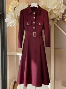 Franclia 女士优雅纯色系带腰身西装裙，适合通勤和办公穿着，秋冬季红色连衣裙 - 酒紅色 - 查看 1