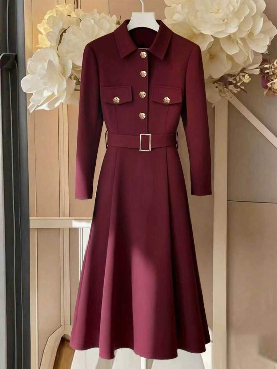 Franclia 女士优雅纯色系带腰身西装裙，适合通勤和办公穿着，秋冬季红色连衣裙 - 酒紅色 - 查看 1