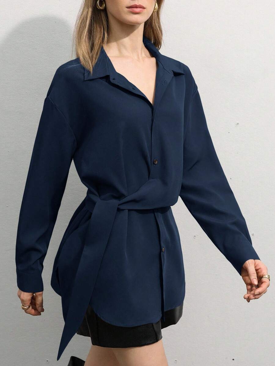 Aveloria Modichic 经典纯色法式奢华优雅不对称系带长袖衬衫，修身显瘦高端休闲百搭上衣，适合所有季节 - 藏蓝色 - 查看 1