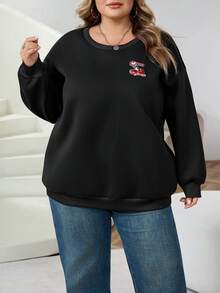SHEIN CURVE+ Plus Size Casual Simple Cherry Embroidery Pattern Round Neck Long Sleeved Loose Women's Sweatshirt - Black - View 5