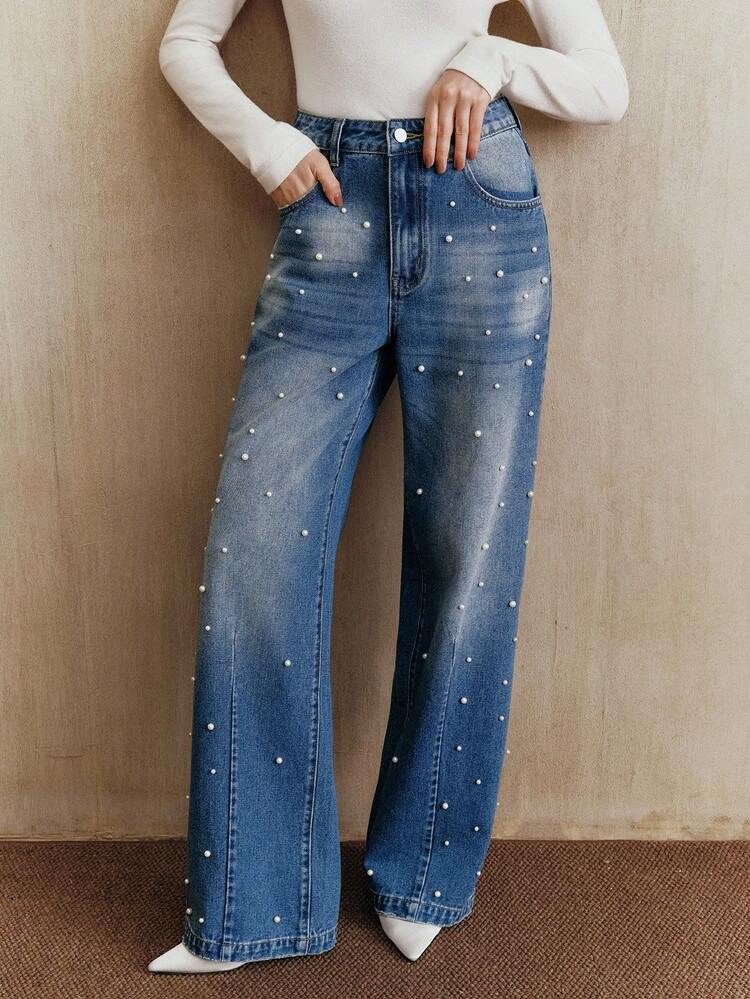 Streetwear Beaded Straight-Leg Blue Jeans, Suitable For Fall, Winter, New Year, Party, Wedding, Elegant, Chic, Stylish, Christmas, Festival