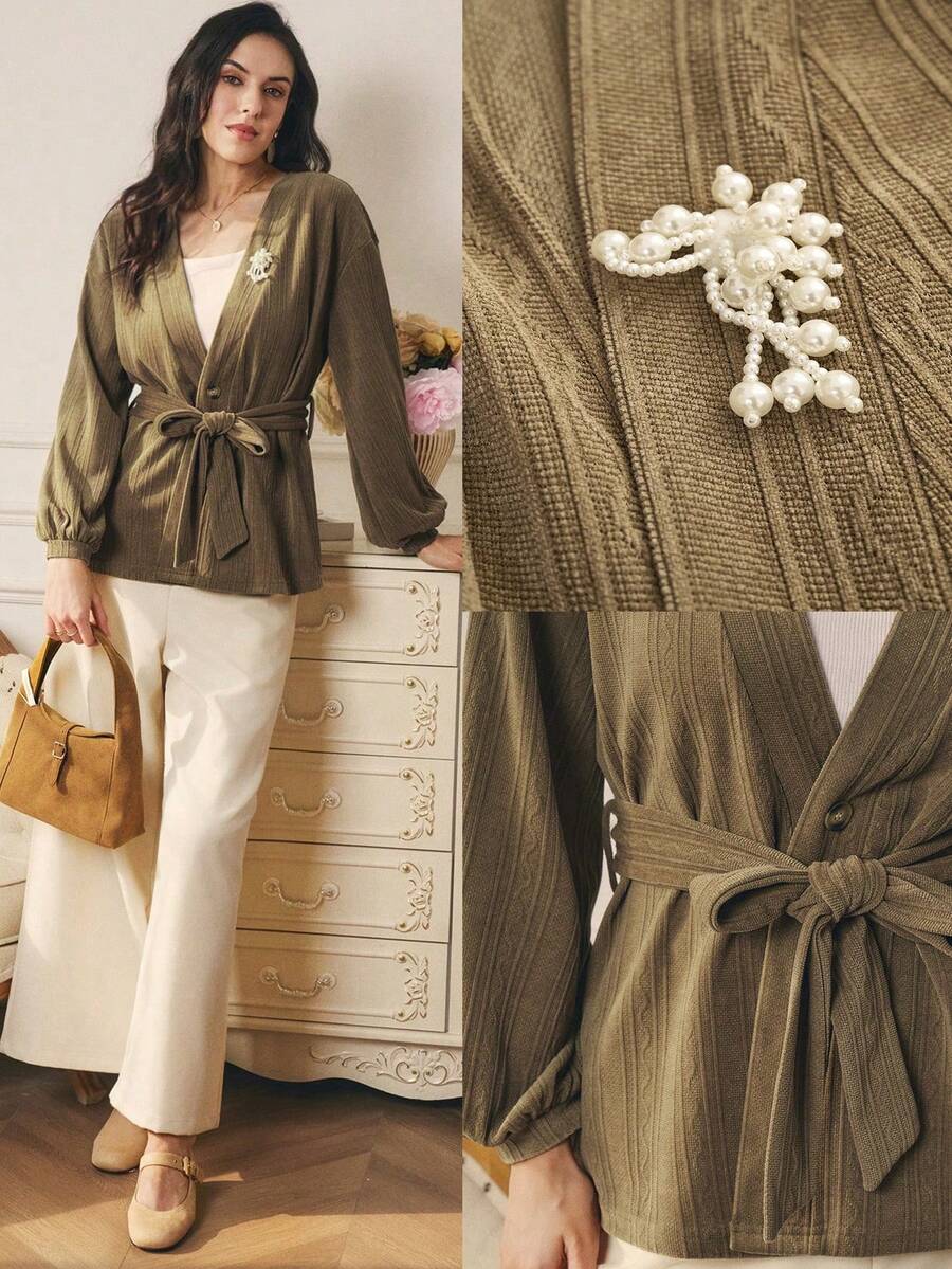 Omancia Chaqueta/abrigo de mujer de pana con textura, elegante y de moda, de punto, para otoño/invierno - Caqui - Ver 1