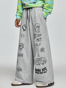 SCOOBY-DOO X SHEIN Men's Casual Sports Letter & Cartoon Graphic Drawstring Waist Wide Leg Sweatpants - Grey - View 4