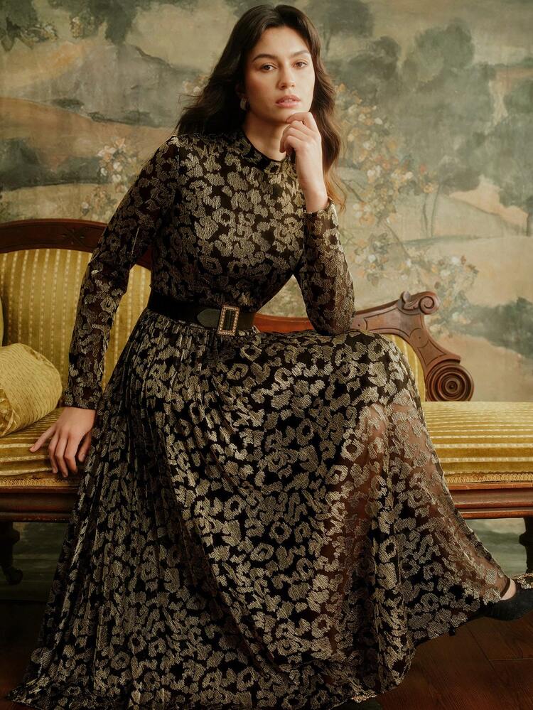 Women's Black Embroidered Gold Thread Pleated Waist Long Sleeve Dress, Autumn/Winter New Arrival