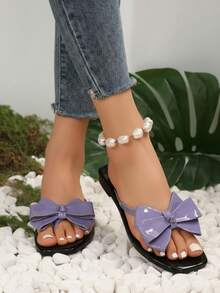 Sandalia de mujer elegante con lazo grande, punta cuadrada, tiras de charol, estilo casual de verano, ideal para playa y diario - Morado - Ver 2