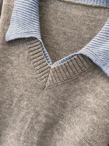 SHEIN PETITE CURVE Plus Size Gray V-Neck Colorblock Design Long Sleeve Sweater, Comfortable For Commuting - Grey - View 6