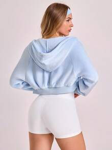 Sovereign Charm Women's Autumn/Winter Coral Fleece Personalized Net Bow Embroidered Hooded Zipper Loose Short Sports Casual Jacket For Daily Running - Baby Blue - View 2