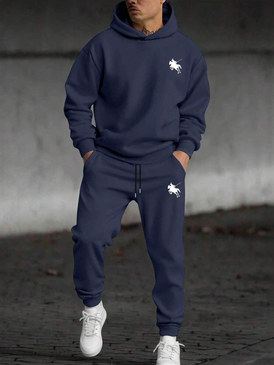 Manfinity Homme Setelan 2 potong pria motif kuda, terdiri dari hoodie dan celana training kasual, untuk musim gugur/musim dingin, dengan lapisan termal. - Navy Blue - View 1