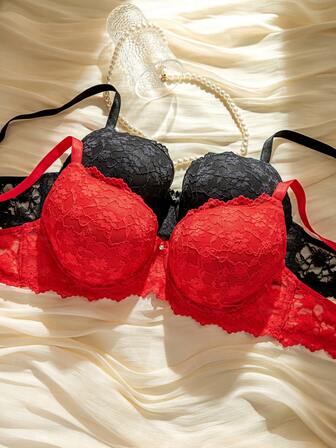 Snug Zone 2件套加大码钢圈蕾丝支撑聚拢文胸套装，黑色和红色内衣文胸