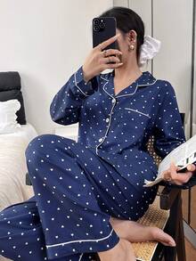 SHEIN Bubble Wrinkle Heart Print Long Sleeve Top & Pants Women PJS Polka Dot PJS , Fall & Winter Clothes - Navy Blue - View 2