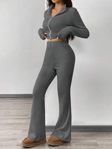 SHEIN NOVA GLOW 少女纯色针织开衫外套和喇叭裤套装，休闲运动装 - 灰色 - 查看 3