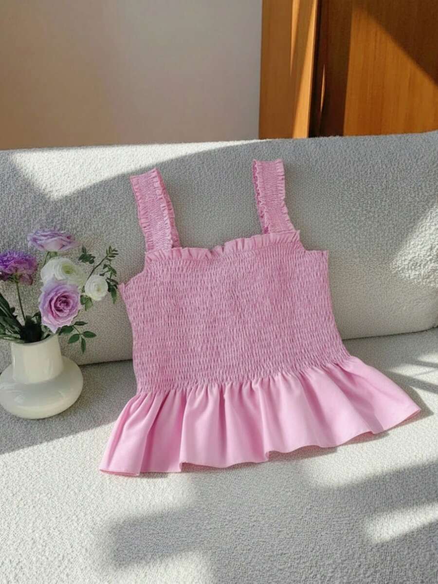 3pcs/Set Girls' Casual All-Match Everyday Wear Ribbed Striped Cropped Tank Tops In Black And White, Matching Mom-And-Daughter Style - Pink - View 1