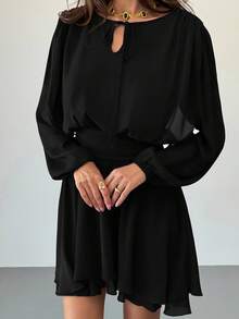 Aloruh Black Elegant French Date Dinner Date Music Festival Tie-Up Long Sleeve Ruffle Hem Mini Dress For Women Autumn - Black - View 8