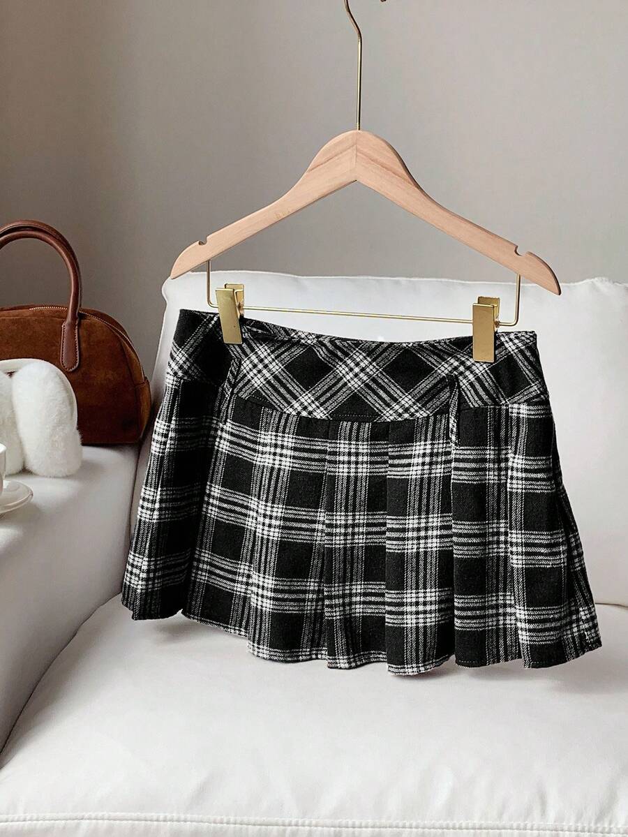 Comfortcana Chân váy chữ A xếp ly kẻ caro đa năng thanh lịch dành cho nữ - màu đen - Xem 1