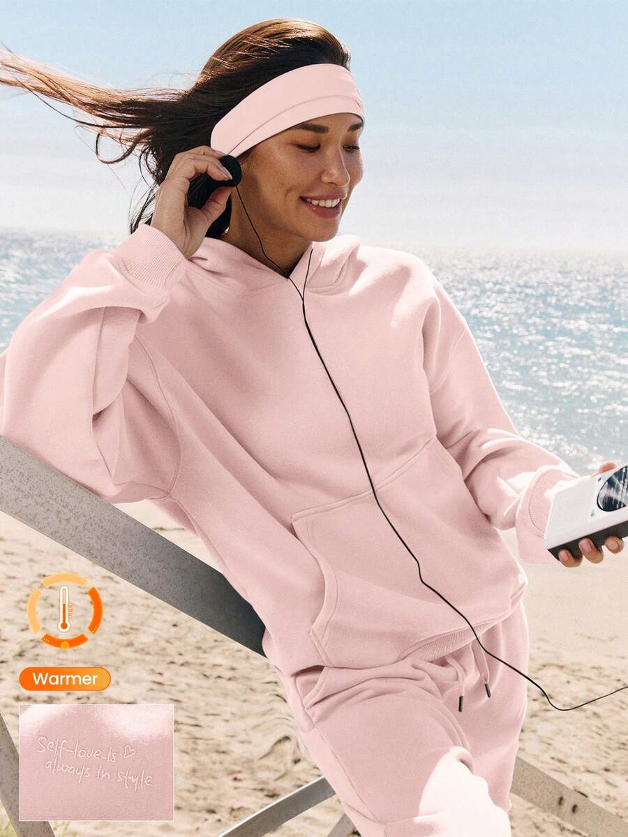 GLOWMODE 厚重羊毛舒适快乐毛绒柔软温暖口袋刺绣超大套头连帽衫运动衫秋冬户外日常休闲装 - 粉色 - 查看 1