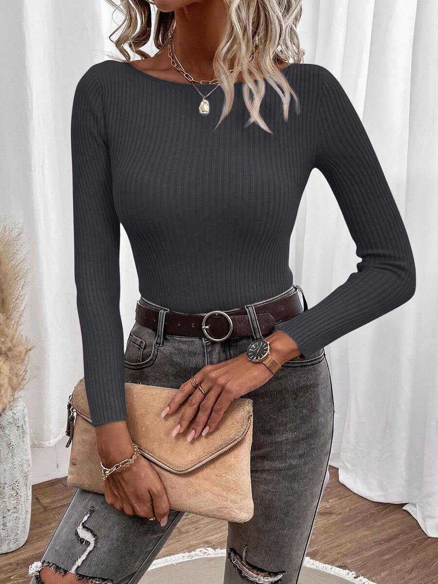 EMERY ROSE Boat Neck Ribbed Knit Sweater,Long Sleeve Tops In Fall/Winter,Fall,Fall Clothes For Women - Dark Grey - View 1