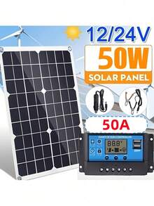 SHEIN 50A 50W 12V/24V USB Portable Solar Panel Kit - Waterproof, High-Efficiency Solar Cells With Controller For Phone Charging -Ideal For RVs, Cars, And Outdoor Adventures