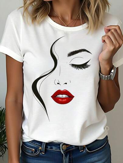 SHEIN Essnce 1pc Women Casual Line Face Print Short Sleeve Round Neck T-Shirt, Spring & Summer