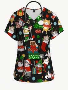 PopScrub Plus Size Women Christmas Cat Unwrapping Gift, Christmas Tree & Lights Print V-Neck Short Sleeve Tunic Top With Pockets And Ear Loops, Fashion Nurse Uniform