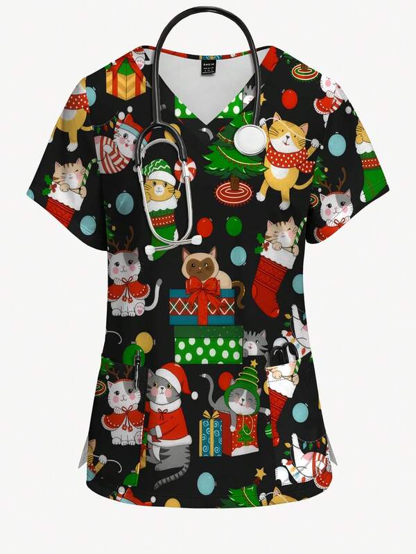 PopScrub Plus Size Women Christmas Cat Unwrapping Gift, Christmas Tree & Lights Print V-Neck Short Sleeve Tunic Top With Pockets And Ear Loops, Fashion Nurse Uniform
