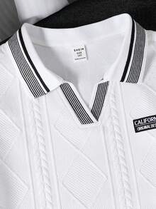 Mirajuku 2pcs/Set Boys Casual Geometric Textured Fabric Contrast Collar Polo Shirt & Shorts Set, Suitable For Daily, Commuting, School Wear - White - View 5
