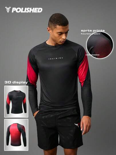 Manfinity Sport Polished 撞色字母印花修身圆领长袖运动T恤，紧身速干，男士长袖运动服，健身紧身衣