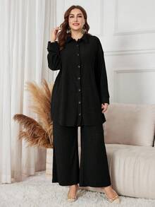 Lacomfia Plus Size Women Casual Commuting Simple Solid Color Drop Shoulder Loose Button Front Shirt And Wide Leg Pants 2 Piece Set - Black - View 6