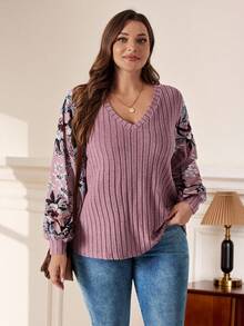 Rosumi Plus Floral Print Lantern Sleeve Tee