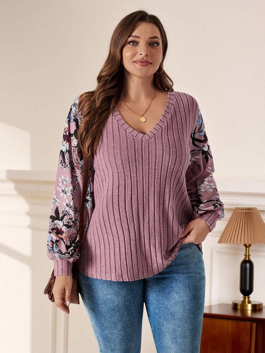 Rosumi Plus Floral Print Lantern Sleeve Tee,Spring/Summer/Vacation - Coral Pink - View 1