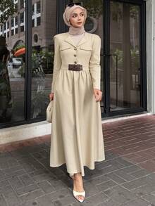 DAZY Vestido largo de unicolor elegante con cintura ceñida, adecuado para vestir de manera modesta para ir al trabajo - Albaricoque - Ver 3