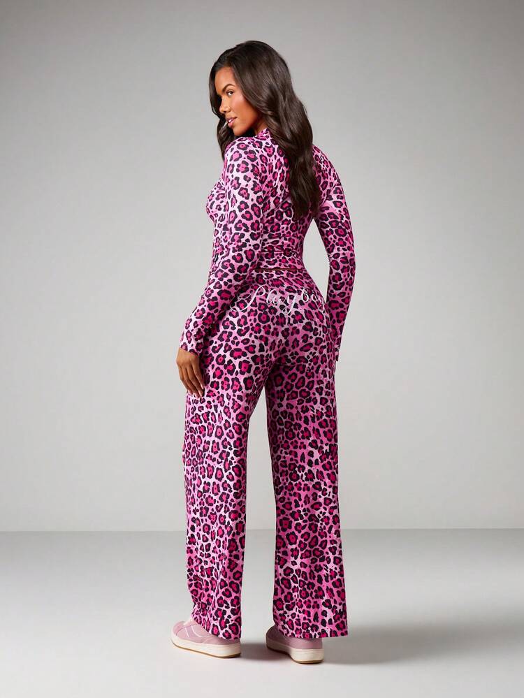 Missguided x Playboy Leopard Print Crop Top And Wide Leg Pants Two Piece Set For Women Fall Winter Lounge Matching Outfit