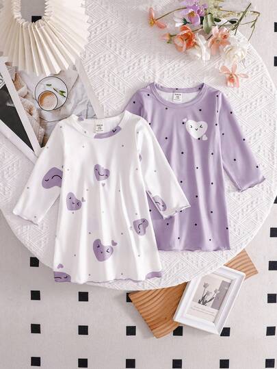 2pcs/Set Baby Girls' Short Sleeve Nightgown, Casual Cute Printed Interchangeable, Suitable For Home Wear, Spring/Autumn Purple Toddler Dress