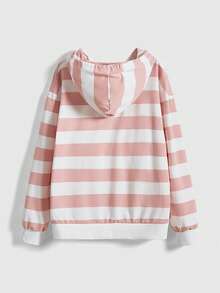 ROMWE Kawaii Cute & Soft Pink & White Contrast Striped Hooded Loose Lsweatshirtigan Sweatshirt - Multicolor - View 2