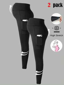 Modmama 2 Stücke Umstandsleggings mit hoher Dehnbarkeit und Taschen - Schwarz - Übersicht 3