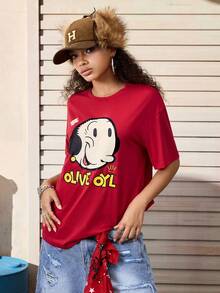 Popeye X SHEIN T-shirt à manches courtes col rond décontracté pour femmes, avec lettres et graphiques de dessins animés, pour l'été - Rouge - Voir 4