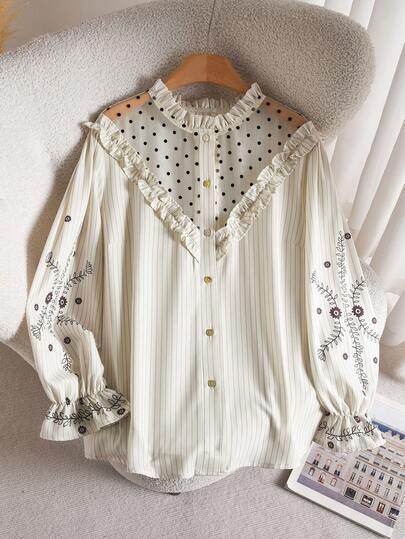 CosyJoli 大码休闲荷叶边拼接印花纽扣衬衫