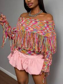 SHEIN Slayr 冬季新款，圣诞节，新年，婚礼季，情人节，生日派对，毕业季，日常出行，基础款，百搭款，休闲度假，邮轮旅行，休闲优雅，通勤，街头风，欧式风，简约风，甜辣美式风，Y2K 女士假日时尚百搭彩色流苏针织露肩上衣，修身短款百搭优雅女士毛衣 - 彩色 - 查看 6