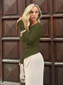 Jeta Ari 不对称下摆长袖纯色 T 恤上衣，简约时尚，适合休闲日常穿着，基本款长袖上衣，长袖黑色上衣，女士长袖上衣，黑色长袖上衣 - 軍綠色 - 查看 5