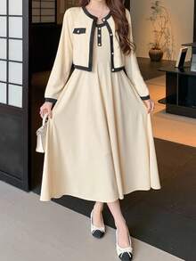 Teen Girls Apricot Contrast Black Decorative Buttons Elegant Commuting 2 Pieces Set With Contrast Color Blocking & Button-Up Design,Suitable For Autumn And Winter Teen Girl Beige Dress Teen Girls Elegant Dress Teen Modest Dress Long Sleeve Midi Dress For Teen Girls Beige Dress And Jacket Set For Teens Teen Girls Elegant Long Sleeve Dress Beige Dress For Teen Girls Long Sleeve Midi Dress For Teens - Apricot - View 1