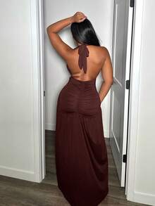 Alexandranx Elegant Romantic Sexy Party Deep V-Neck Halter High Slit A-Line Dress - W,Summer Dresses For Women - Brown - View 2