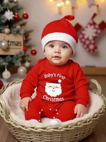 SHEIN 2pcs/Set Infant Baby Boys' Christmas Santa Claus "Merry Christmas" Print Red Crew Neck Long Sleeve Jumpsuit With Hat, Baby Clothing, Boys' Jumpsuits, Jumpsuits, Party Outfit, Casual Everyday Wear, Suitable For Spring, Autumn, Winter, 3M-3T Baby Santa Outfit Baby Christmas Outfit Baby Christmas Clothes My First Christmas Baby Outfits - Red - View 1