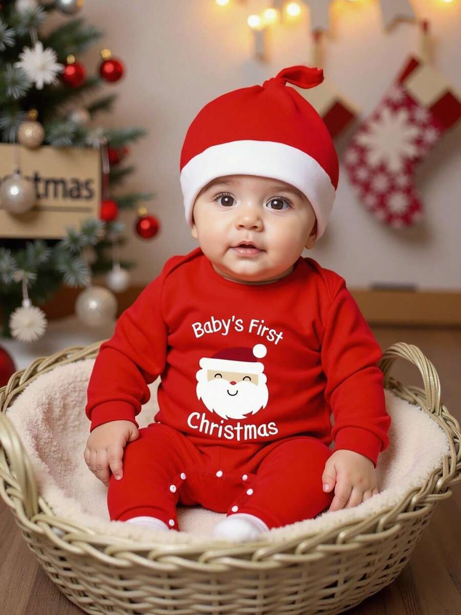 SHEIN 2pcs/Set Infant Baby Boys' Christmas Santa Claus "Merry Christmas" Print Red Crew Neck Long Sleeve Jumpsuit With Hat, Baby Clothing, Boys' Jumpsuits, Jumpsuits, Party Outfit, Casual Everyday Wear, Suitable For Spring, Autumn, Winter, 3M-3T Baby Santa Outfit Baby Christmas Outfit Baby Christmas Clothes My First Christmas Baby Outfits - Red - View 1